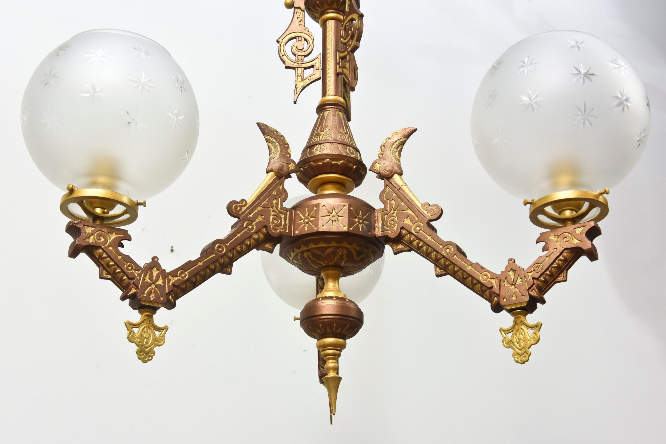 Three Light Eastlake Hand Painted Gasolier In Good Condition For Sale In Canton, MA