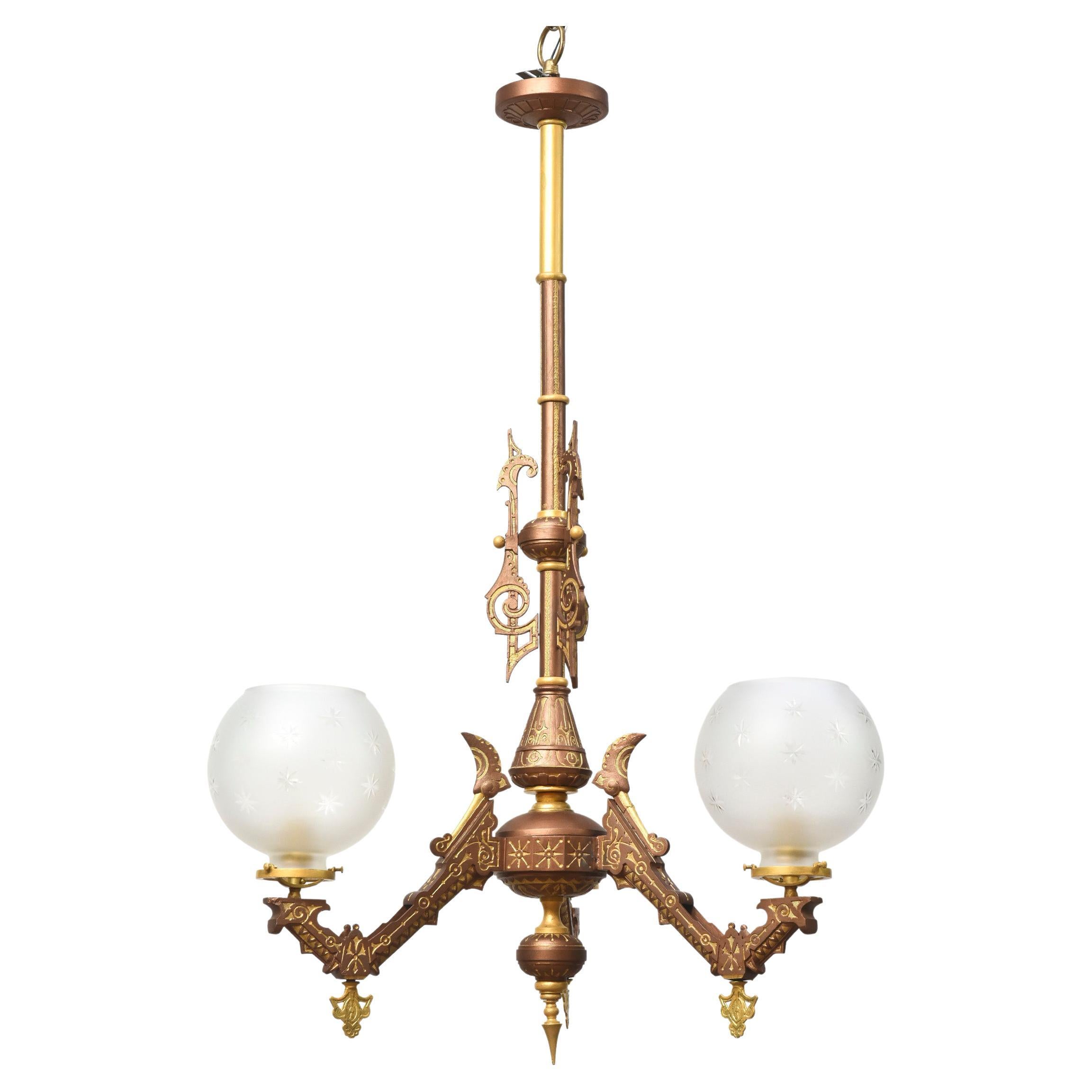 Three Light Eastlake Hand Painted Gasolier For Sale