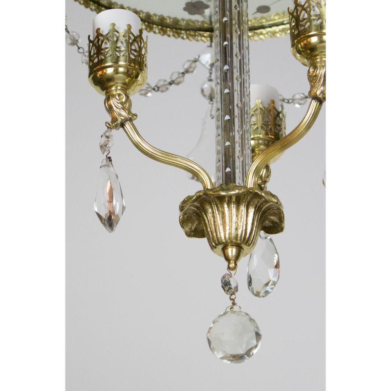 Hollywood Regency Three Light Flush Brass and Crystal Chandelier