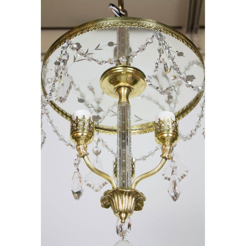 Three Light Flush Brass and Crystal Chandelier In Excellent Condition In Canton, MA