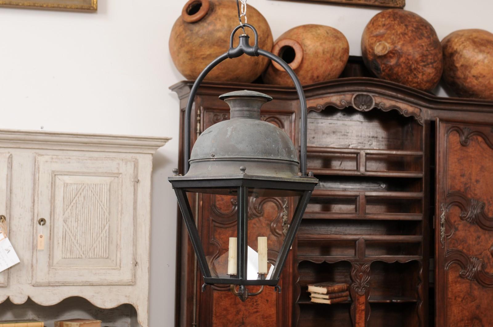 Three-Light French Hexagonal Copper Lanterns with Domed Tops, Two Sold Each For Sale 6