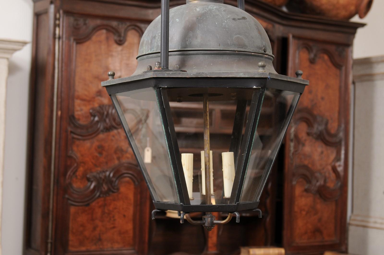 Three-Light French Hexagonal Copper Lanterns with Domed Tops, Two Sold Each For Sale 7