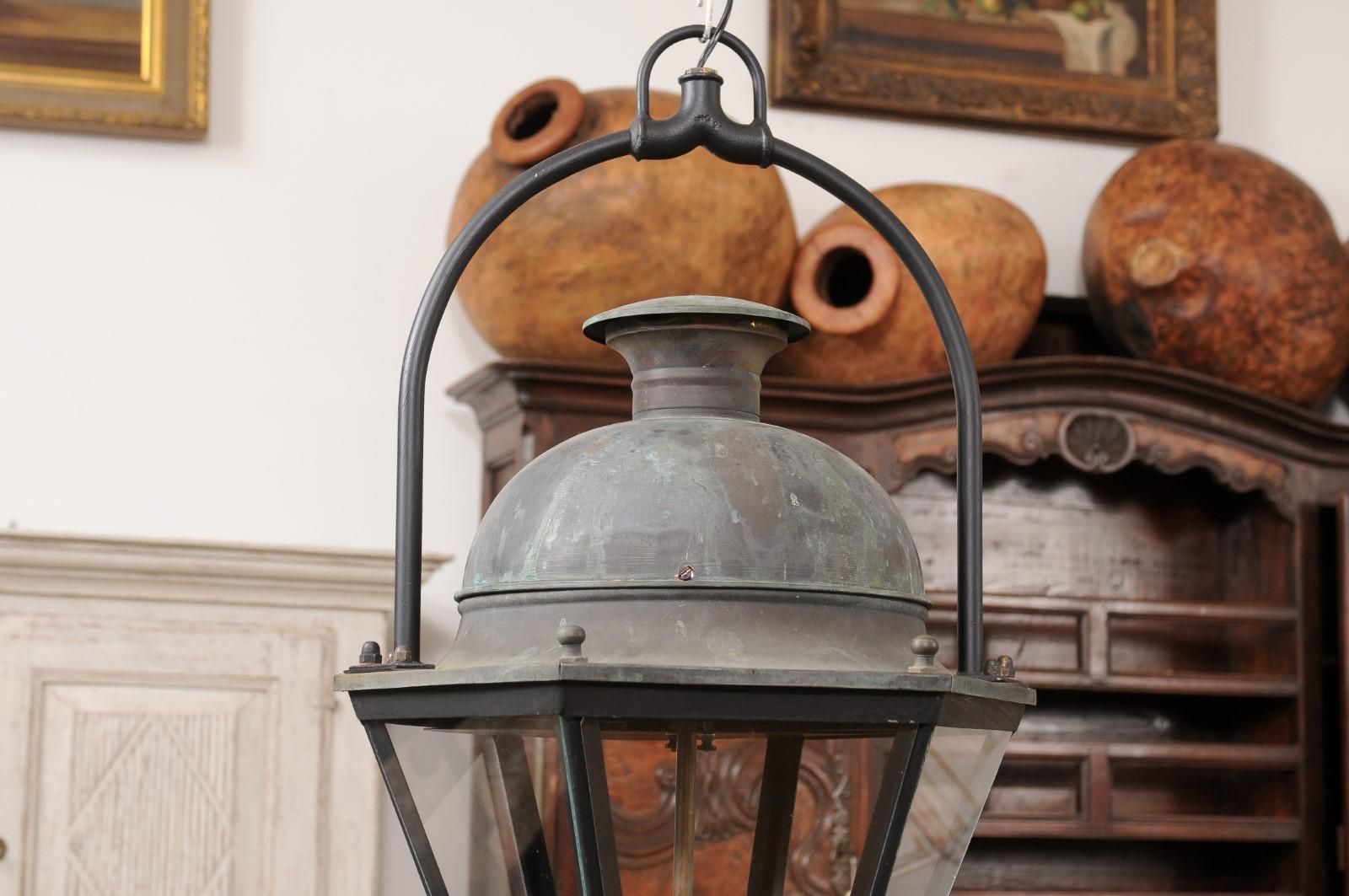 Three-Light French Hexagonal Copper Lanterns with Domed Tops, Two Sold Each For Sale 10