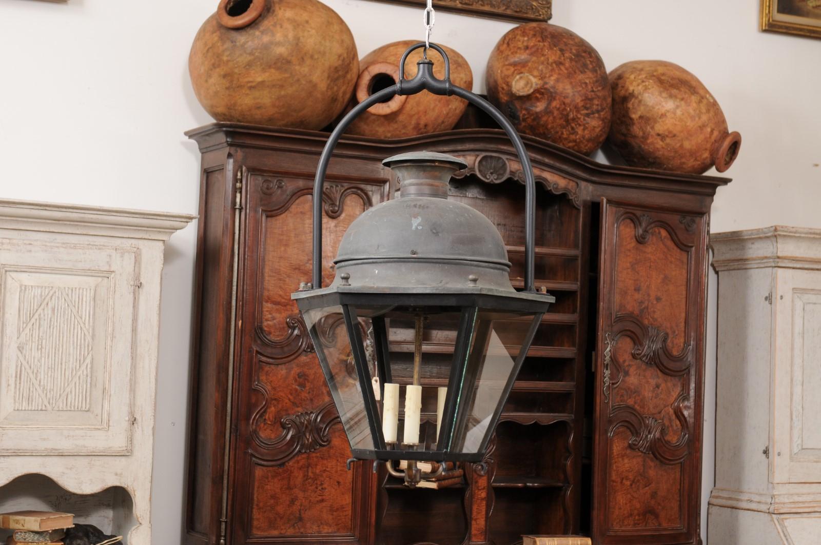 Three-Light French Hexagonal Copper Lanterns with Domed Tops, Two Sold Each In Good Condition For Sale In Atlanta, GA