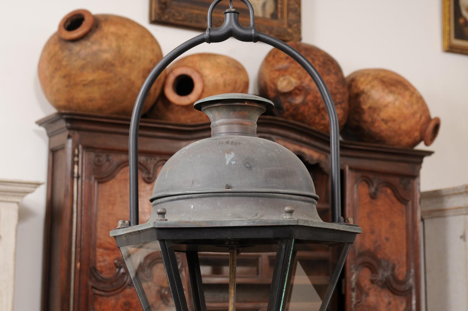 Three-Light French Hexagonal Copper Lanterns with Domed Tops, Two Sold Each For Sale 1