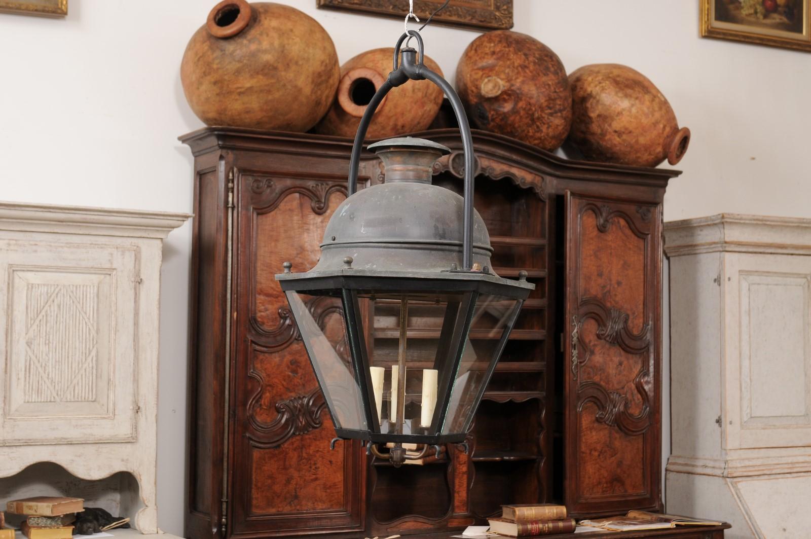 Three-Light French Hexagonal Copper Lanterns with Domed Tops, Two Sold Each For Sale 2