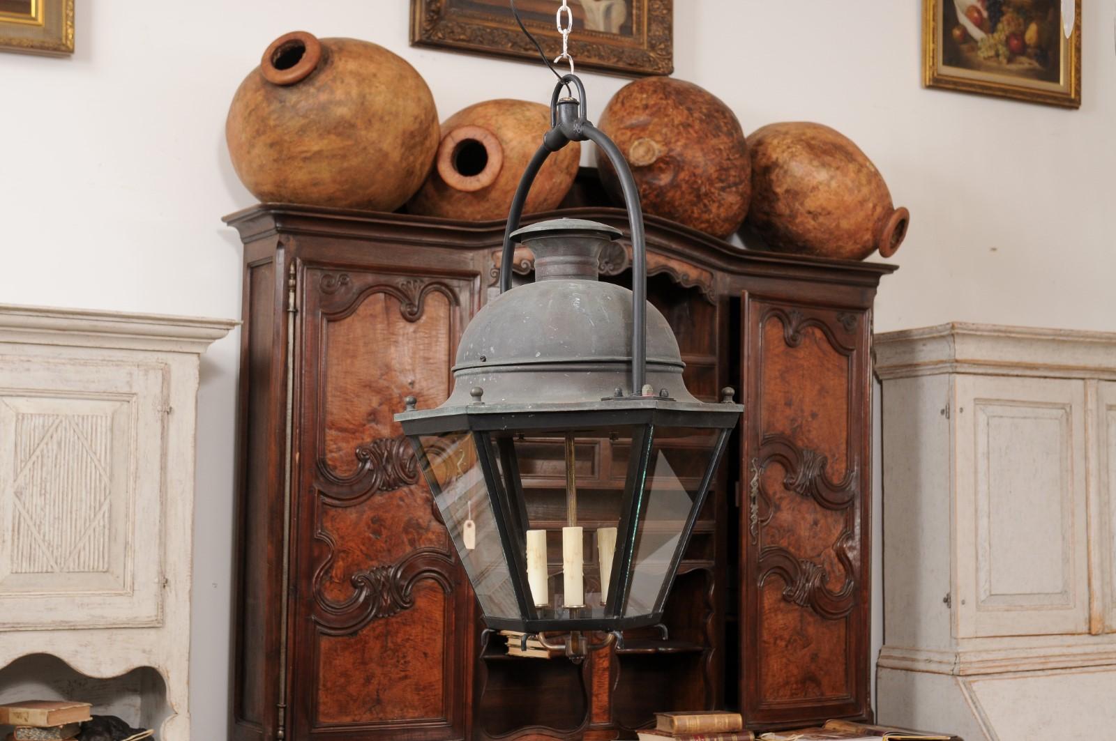 Three-Light French Hexagonal Copper Lanterns with Domed Tops, Two Sold Each For Sale 3