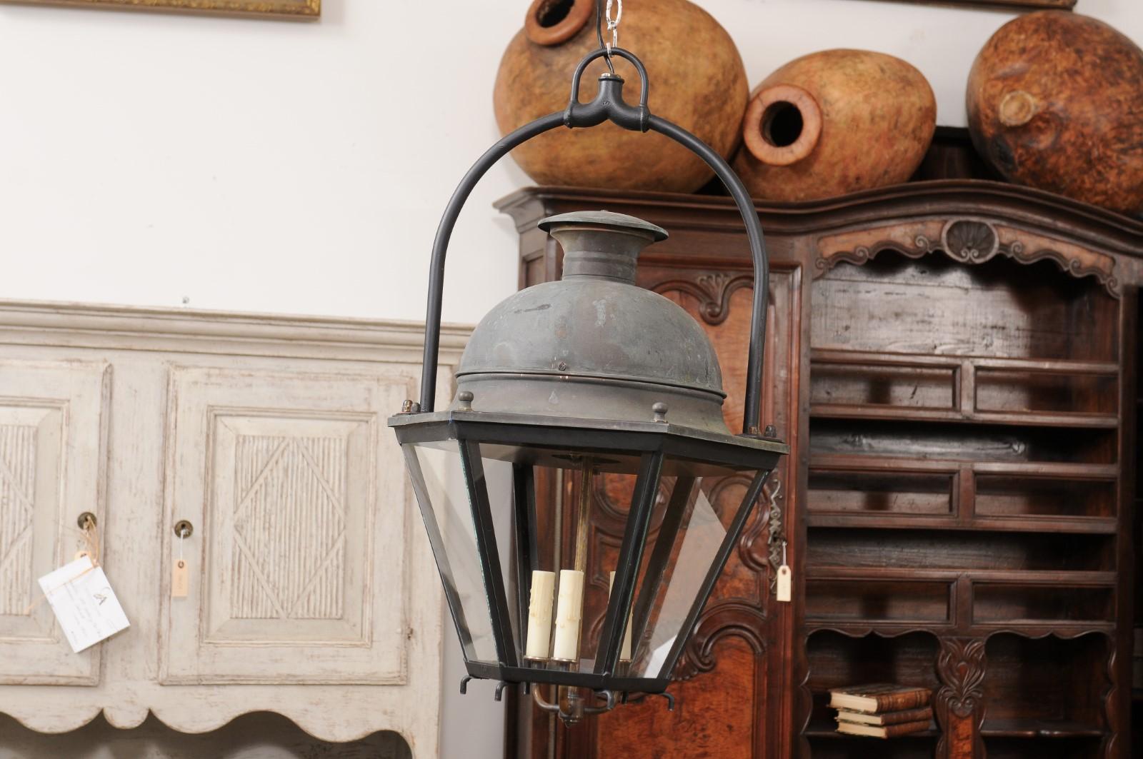 Three-Light French Hexagonal Copper Lanterns with Domed Tops, Two Sold Each For Sale 5