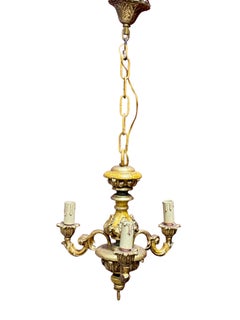 Three Light Gilt wood Hollywood Regency Chandelier Tole, Germany 1950s
