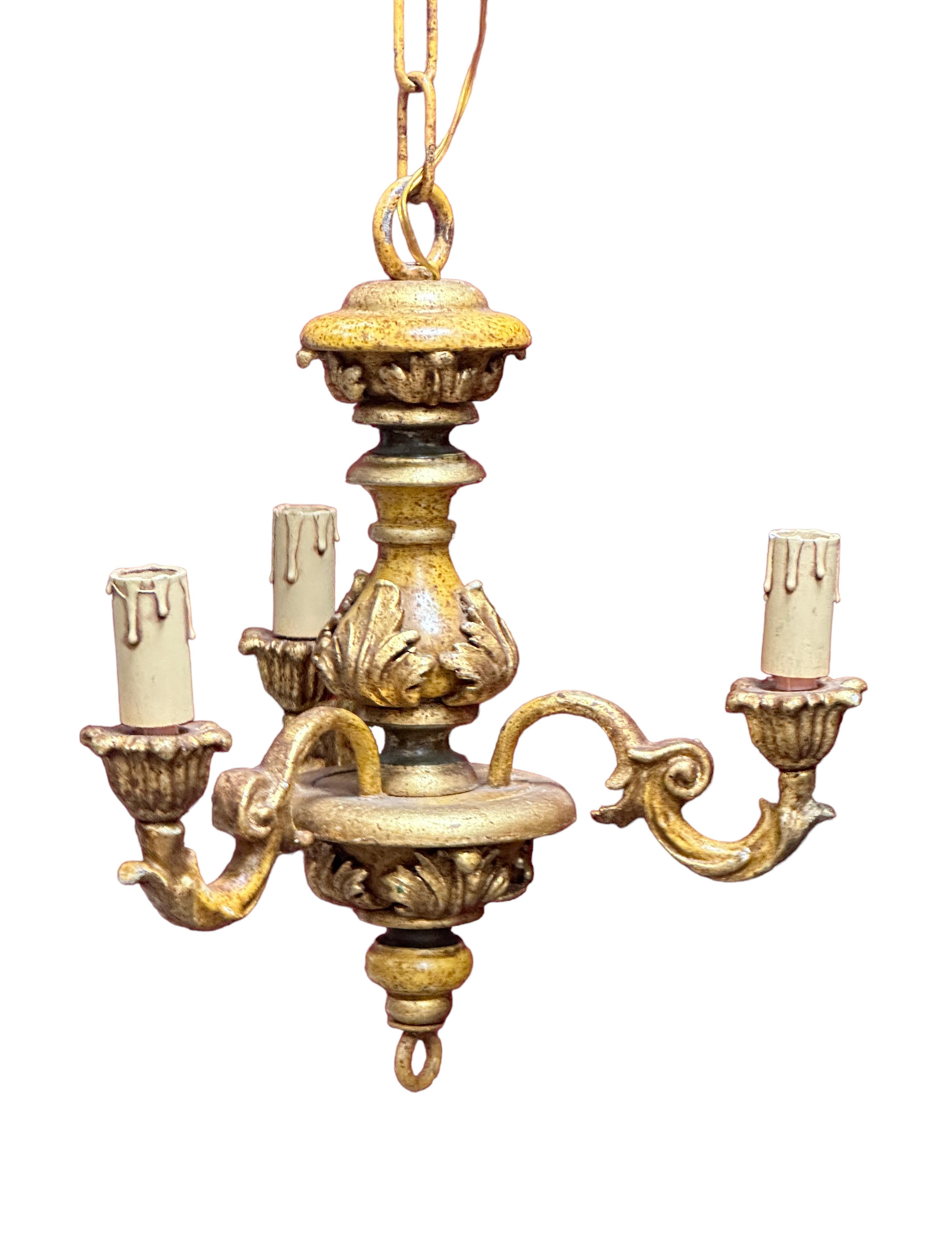 Three Light Gilt wood Hollywood Regency Chandelier Tole, Germany 1950s For Sale 1