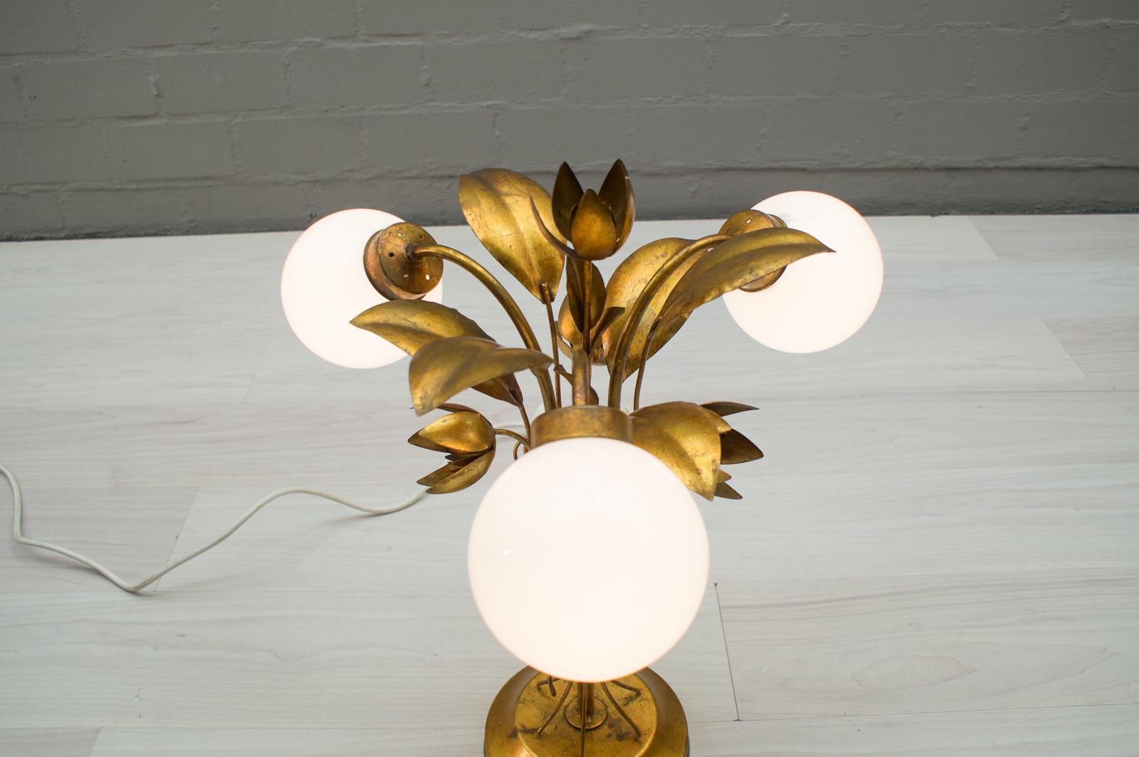 Metal Three-Light Gold Leaf Table Lamp from Hans Kögl, 1970s, Germany For Sale