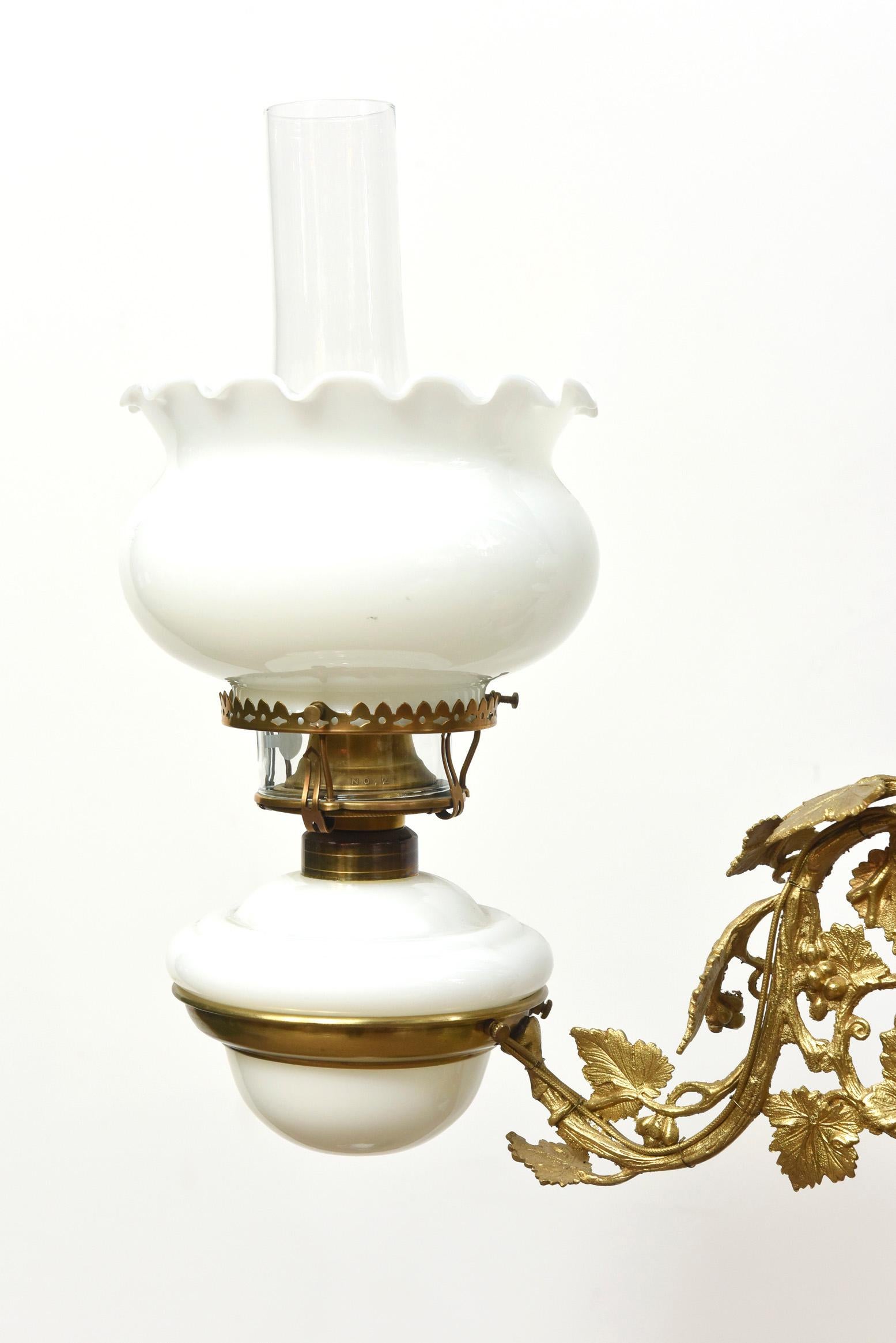 Rococo Revival Three Light Henry Hooper Oil Chandelier For Sale