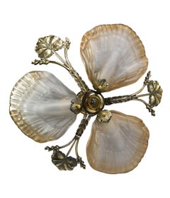 Three-Light Leafy Brass Chandelier with Shell Shades