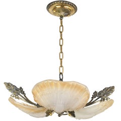 Three-Light Leafy Brass Chandelier with Shell Shades