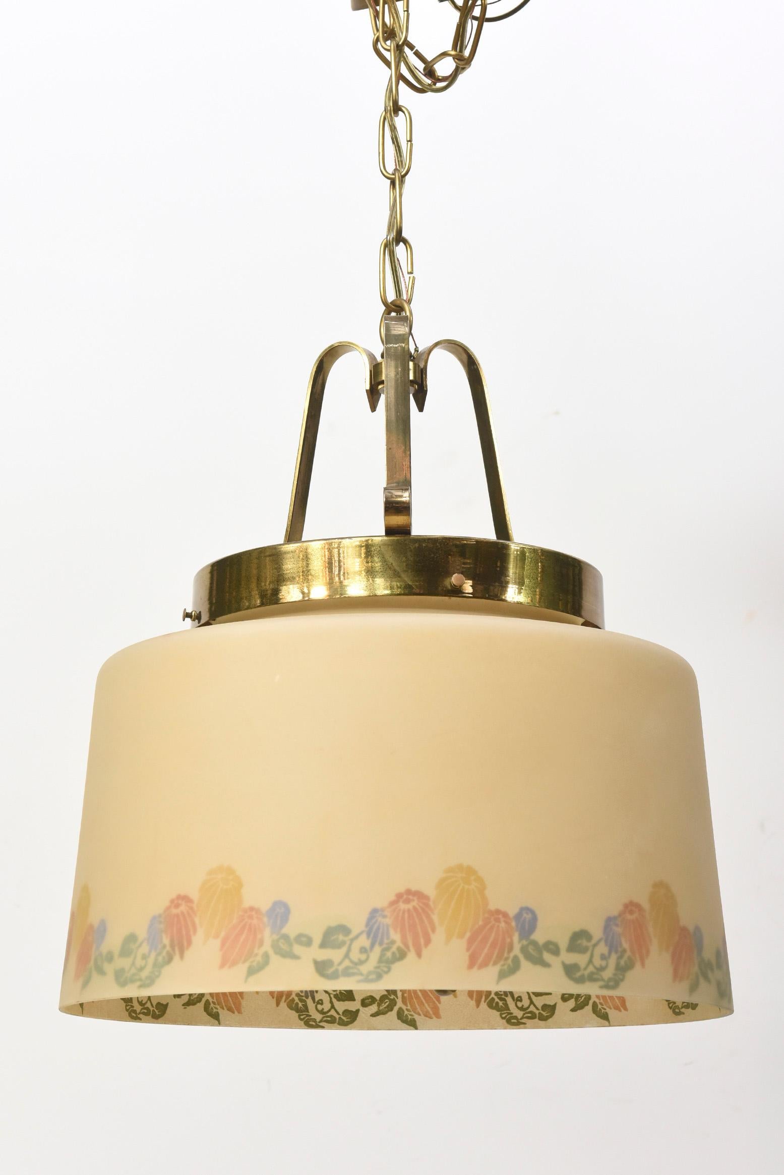 American Three Light Lightolier Fixture with Vintage Floral Glass Shade For Sale