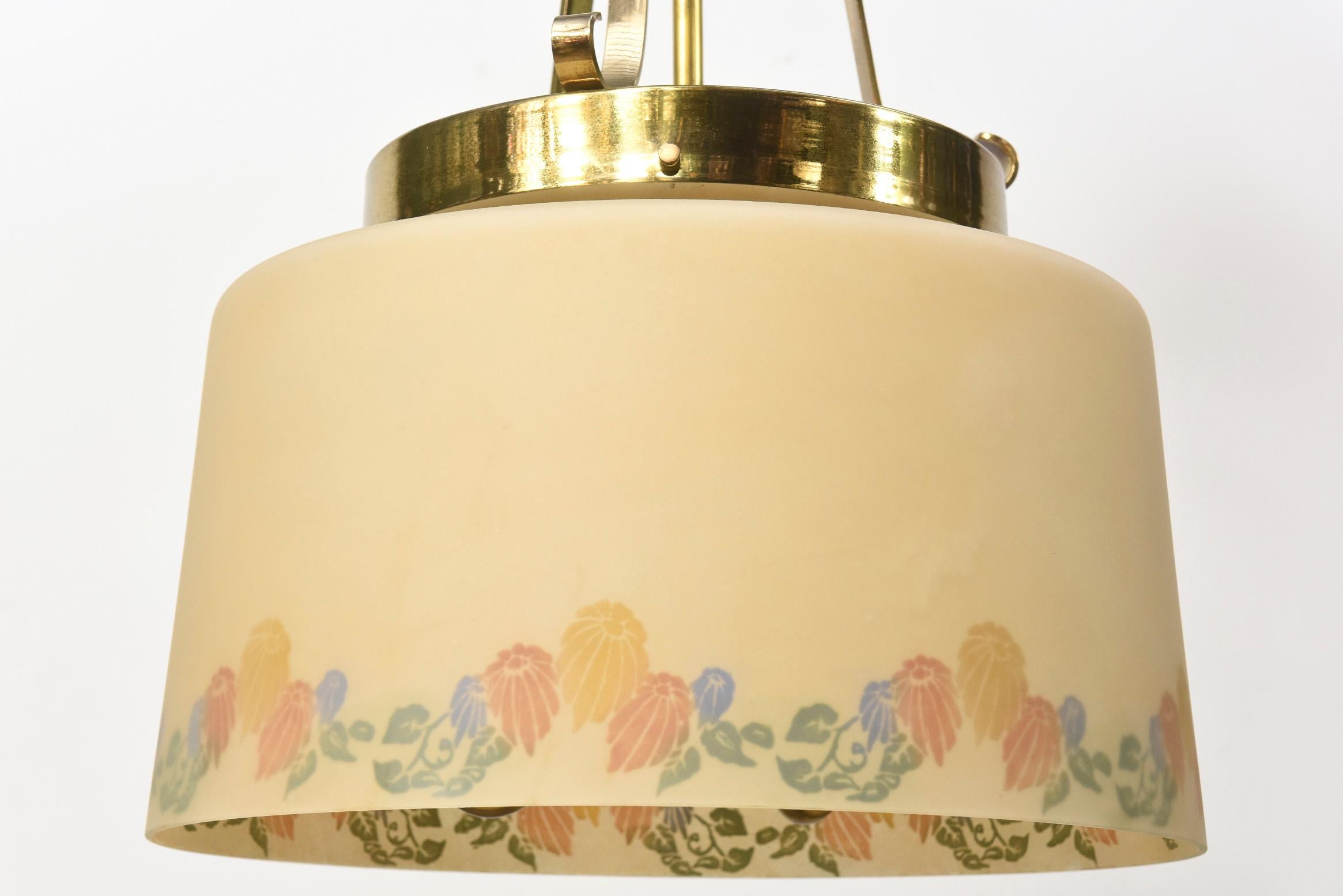 20th Century Three Light Lightolier Fixture with Vintage Floral Glass Shade For Sale