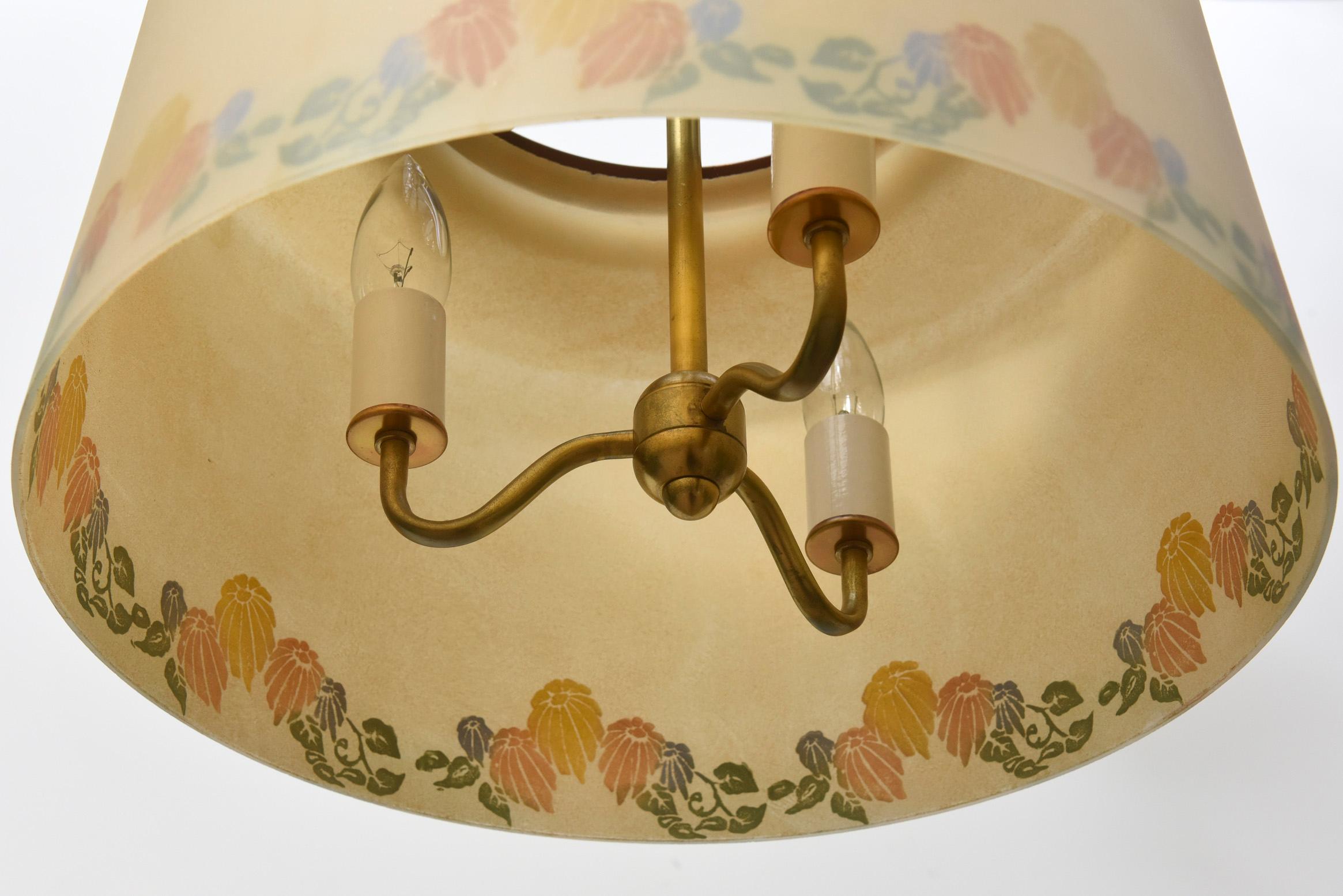 Three Light Lightolier Fixture with Vintage Floral Glass Shade For Sale 2