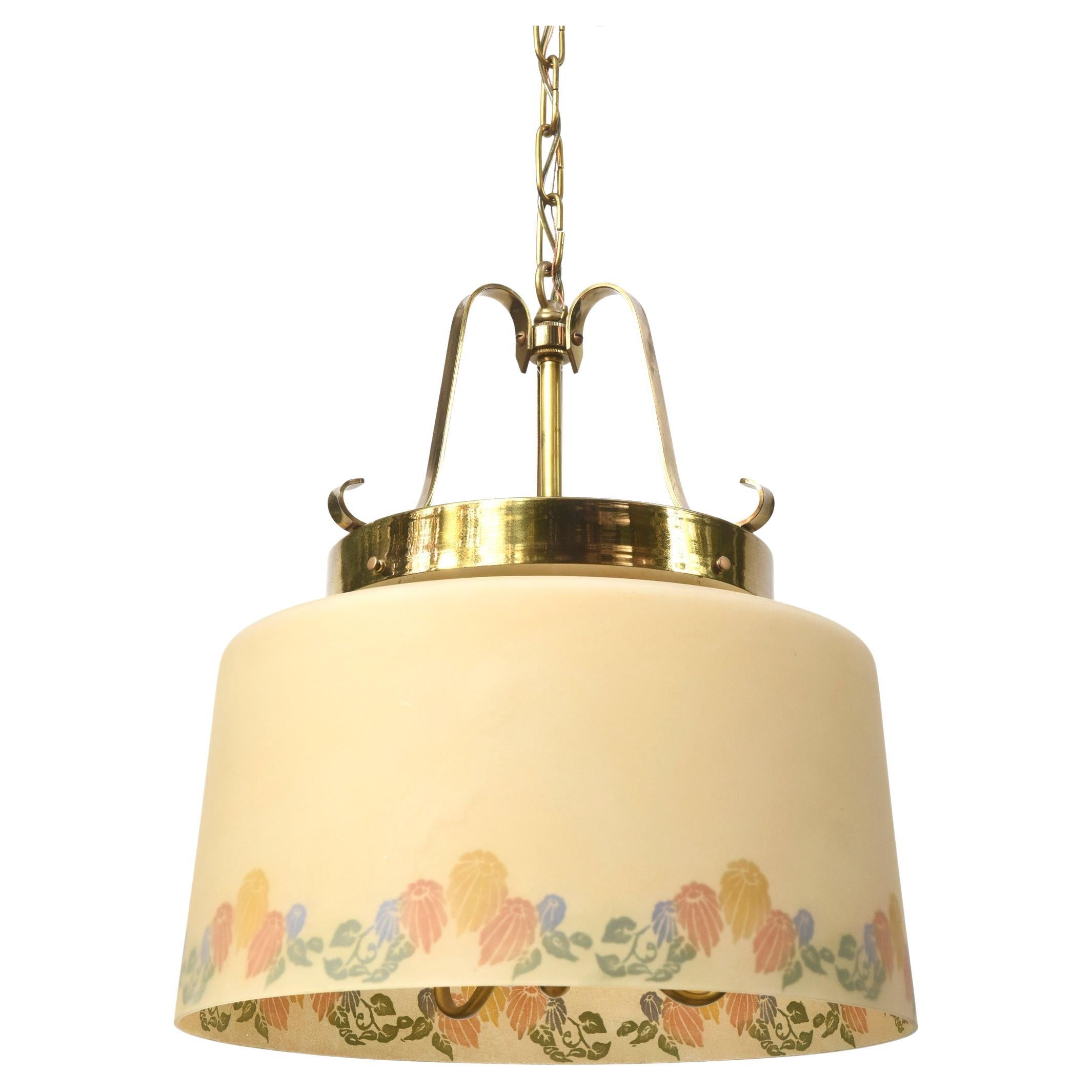 Three Light Lightolier Fixture with Vintage Floral Glass Shade For Sale