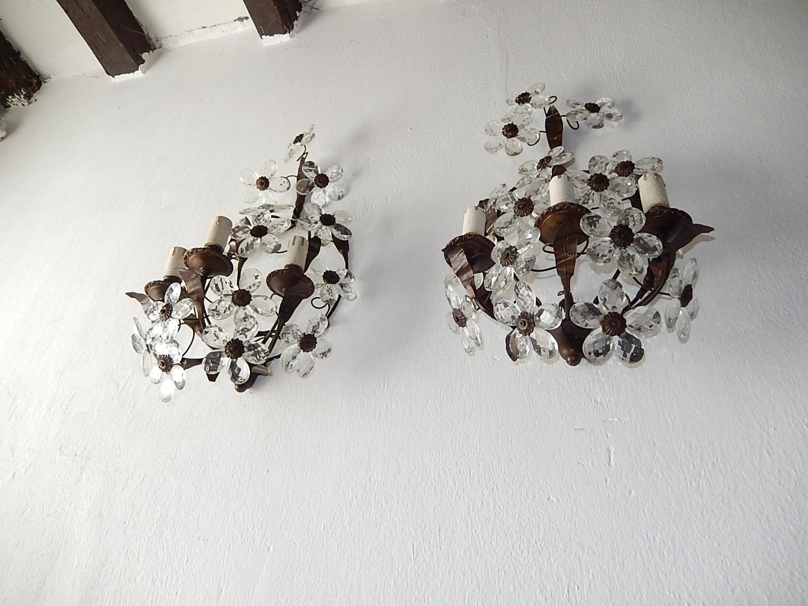 French Three-Light Maison Baguès Style Crystal Flower Sconces