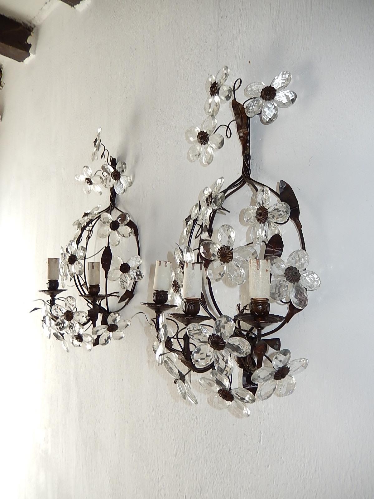 Three-Light Maison Baguès Style Crystal Flower Sconces In Excellent Condition In Modena (MO), Modena (Mo)