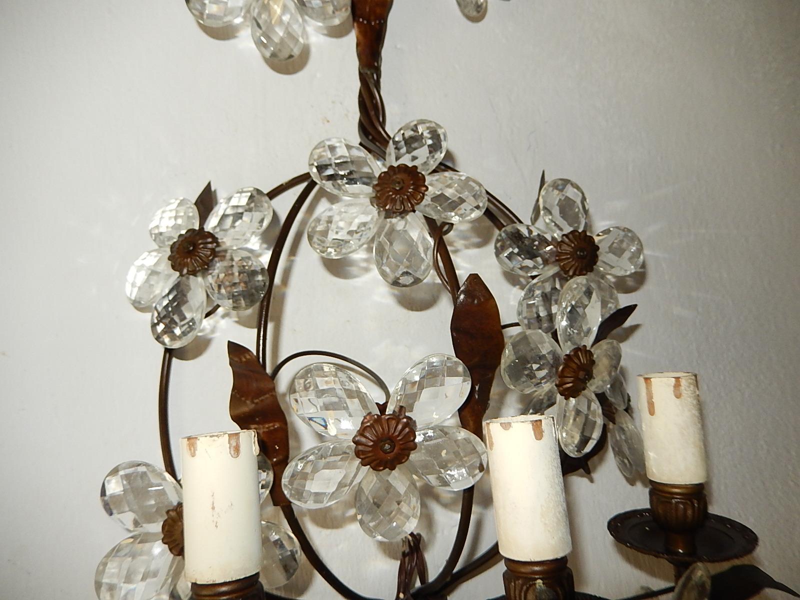 Three-Light Maison Baguès Style Crystal Flower Sconces 1