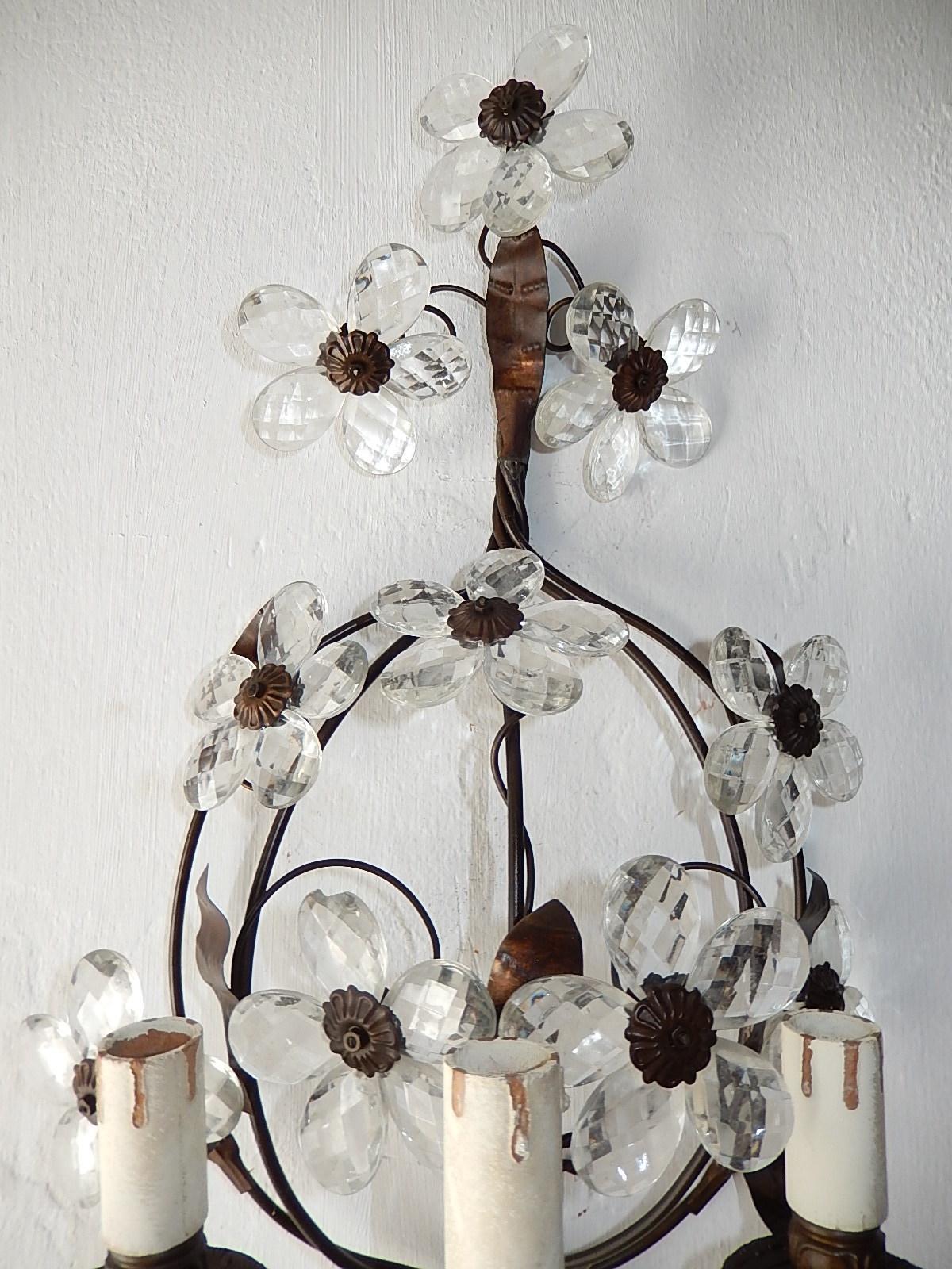 Three-Light Maison Baguès Style Crystal Flower Sconces 4