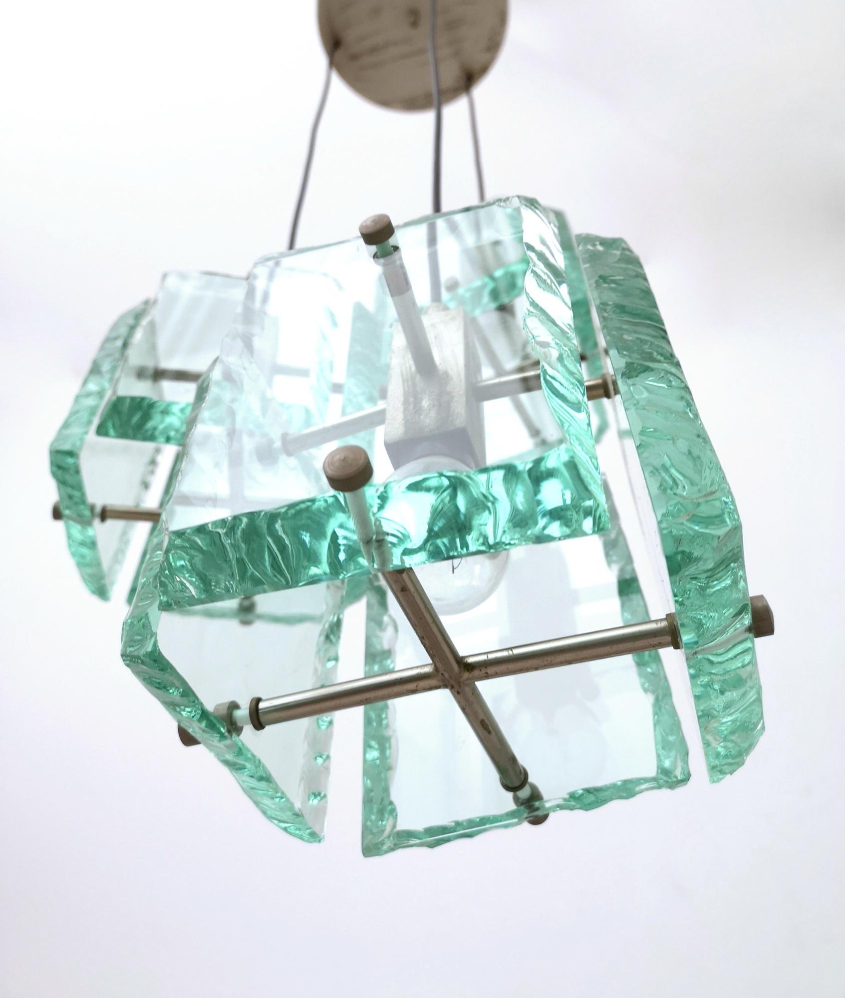 Verni Lampe à suspension vintage à trois lumières en verre vert Nile par Zero Quattro, Italie en vente