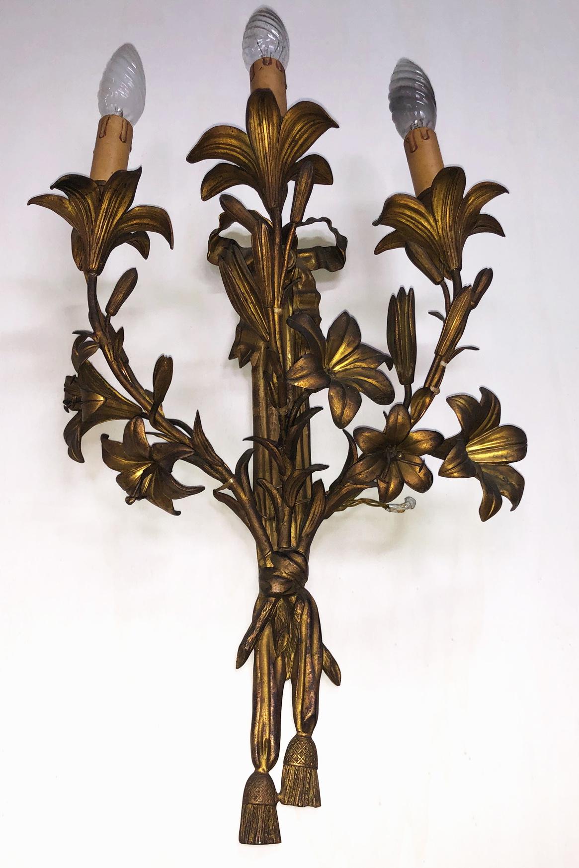 Art Nouveau Three-Light Sconces Brass from Italy Tuscany