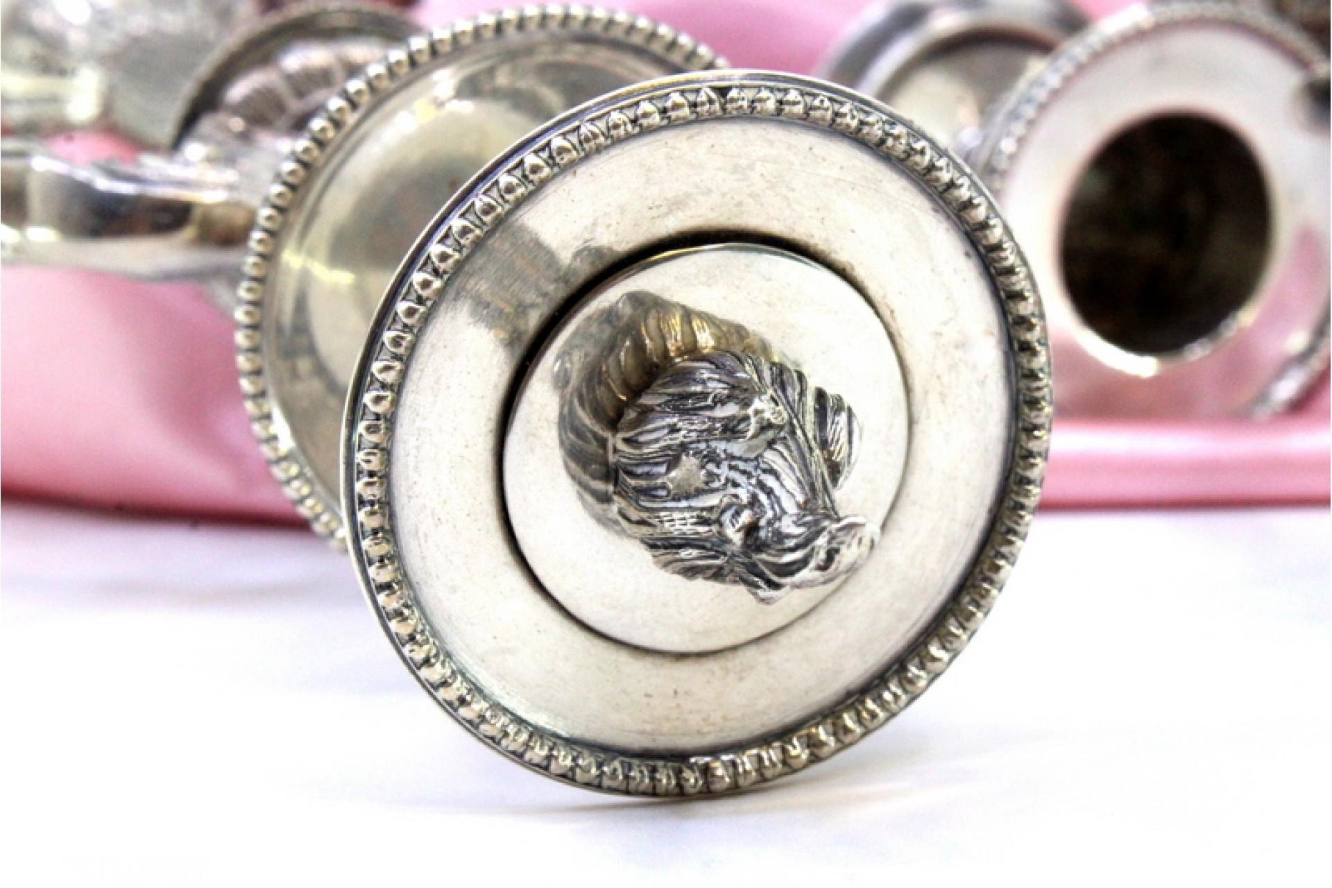 Silver Three-light silver candelabrum with pearly friezes and beaded circular base For Sale