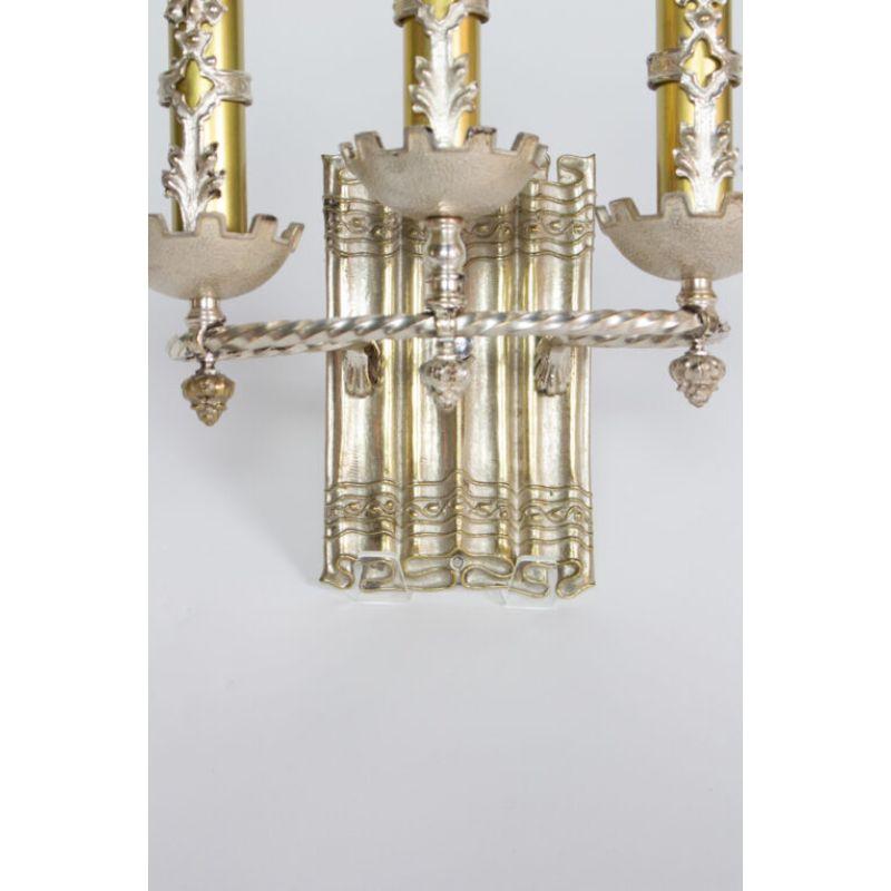 Gothic Revival Three Light Silver Sconce with Brass Accents, One of a Kind
