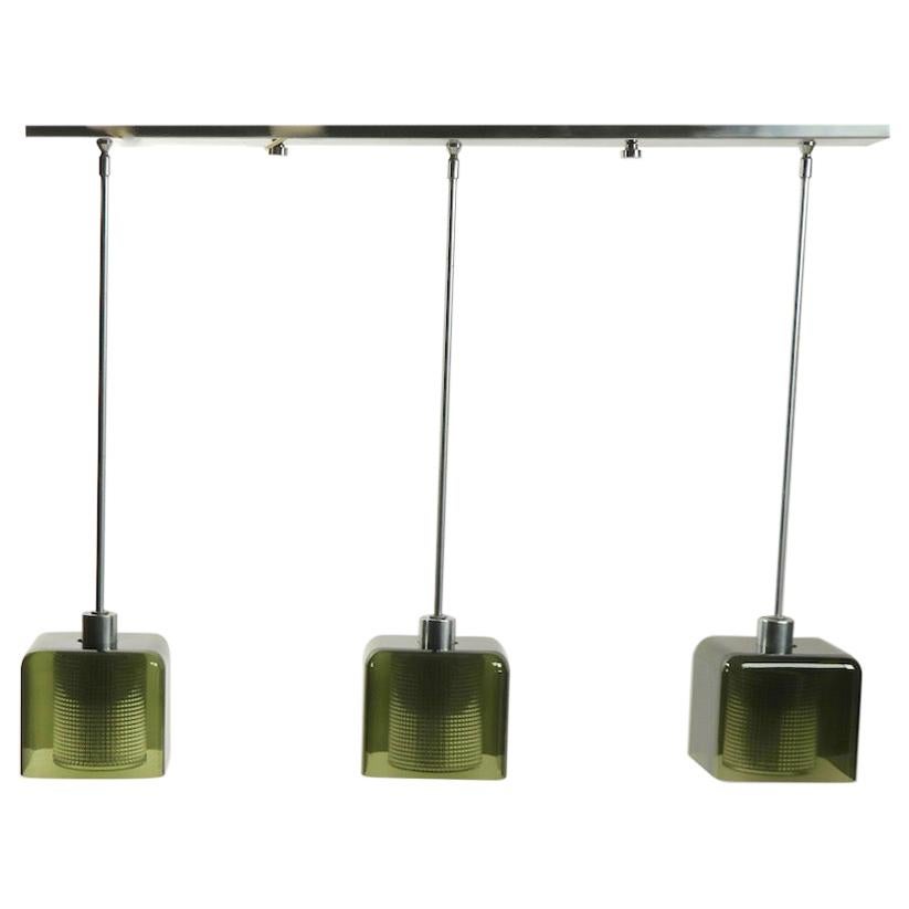 Three-Light Smoked Gray Glass and Brushed Steel Chandelier att. to Orrefores For Sale
