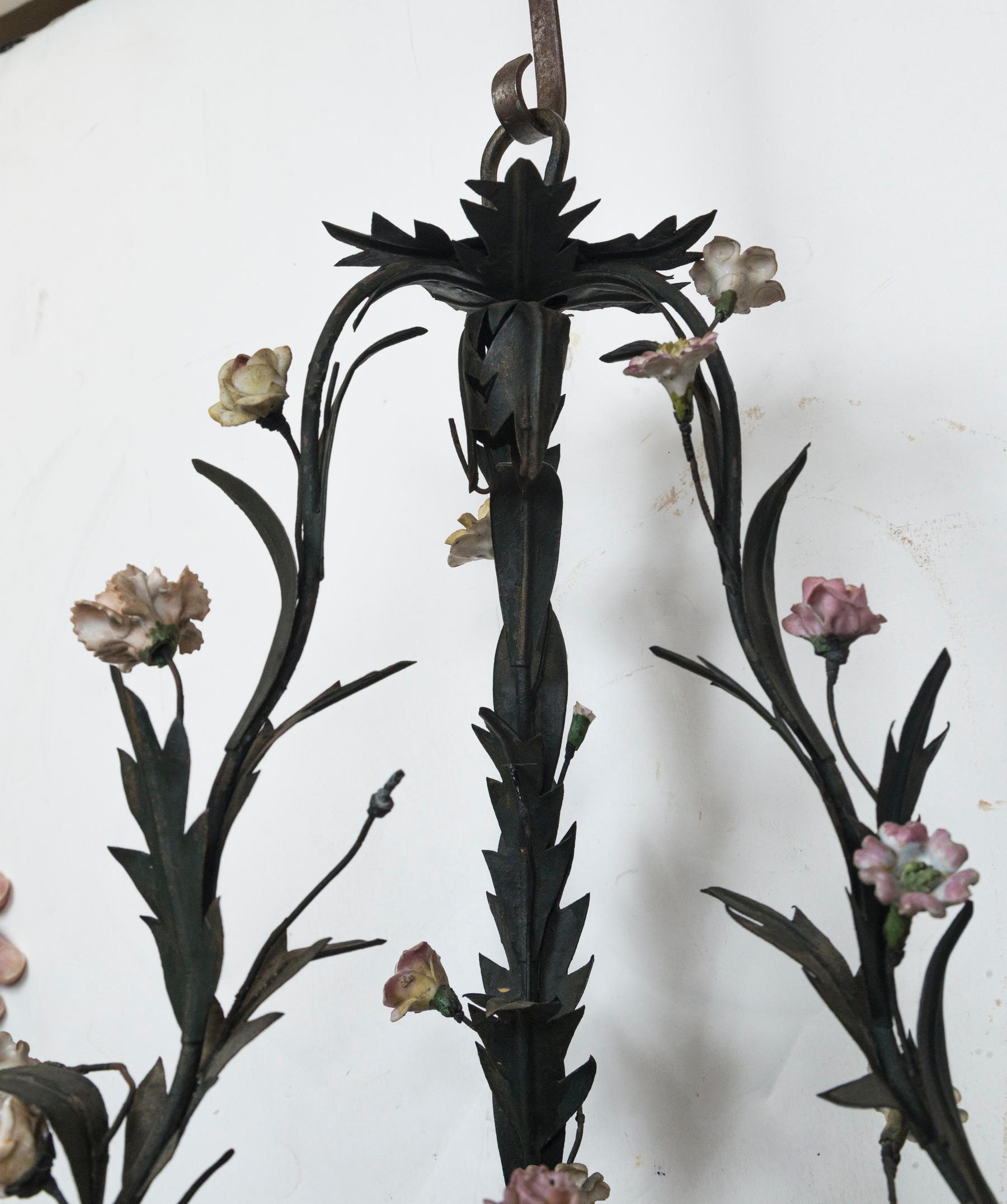 Three Light Tole Chandelier with Porcelain Flowers 4