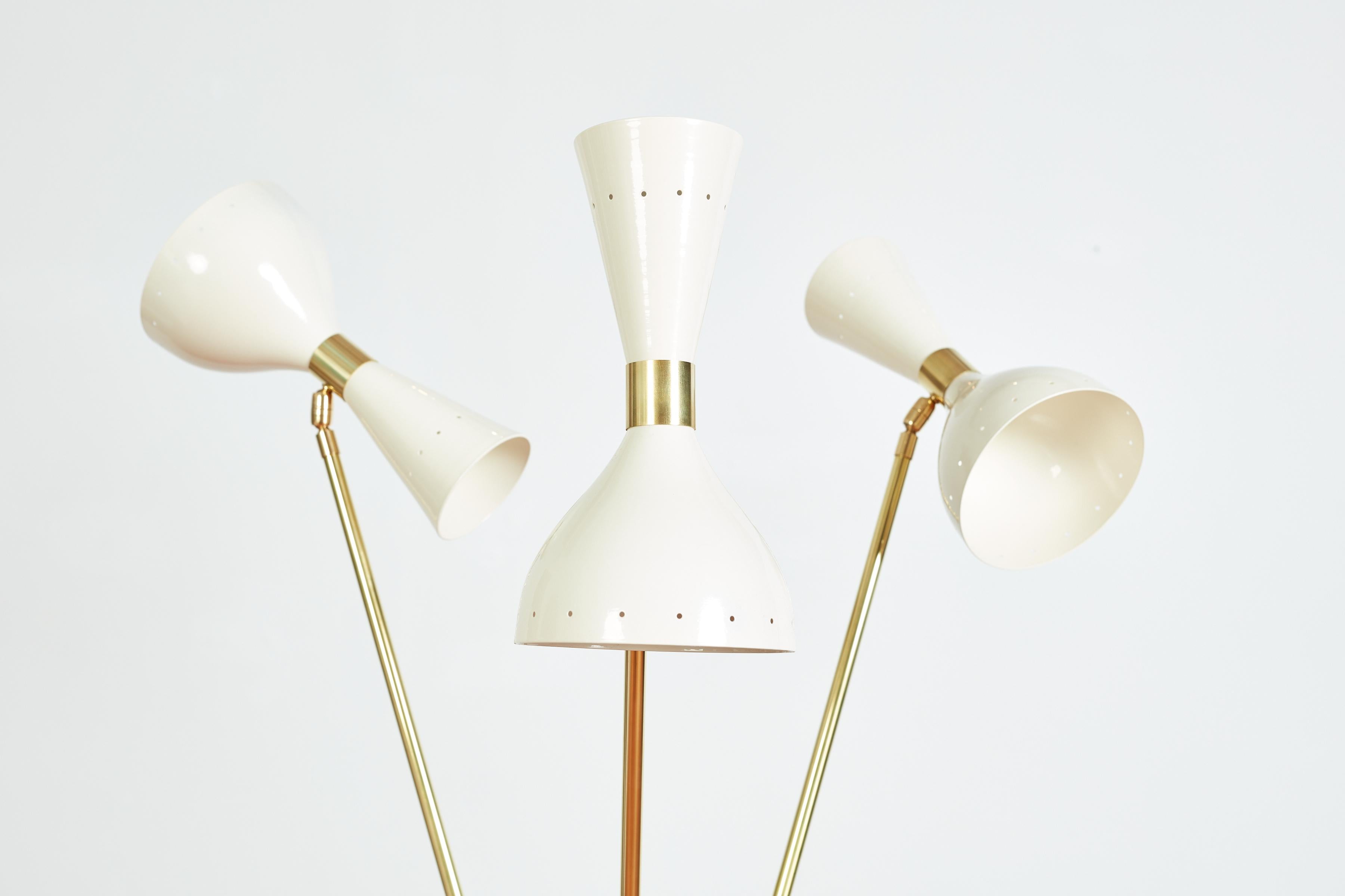 Brass Three-Light Tripod Stilnovo Style Floor Lamp For Sale