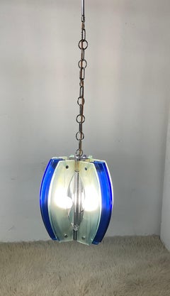 Three lights chandelier, colored glass attributable to Fontana Art