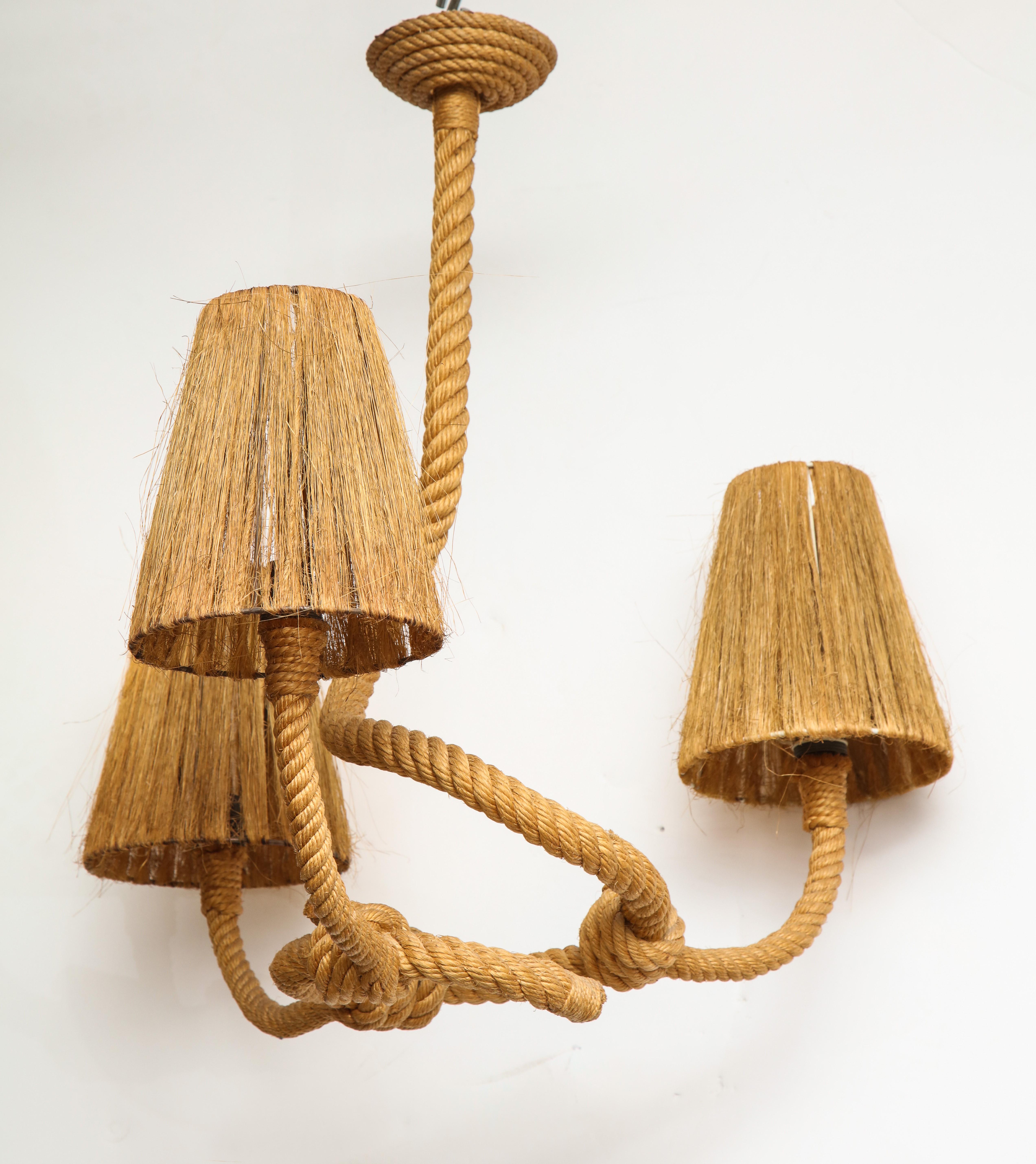 Raffia Three Lights Rope Chandelier by Audoux Minet, France, 1960s
