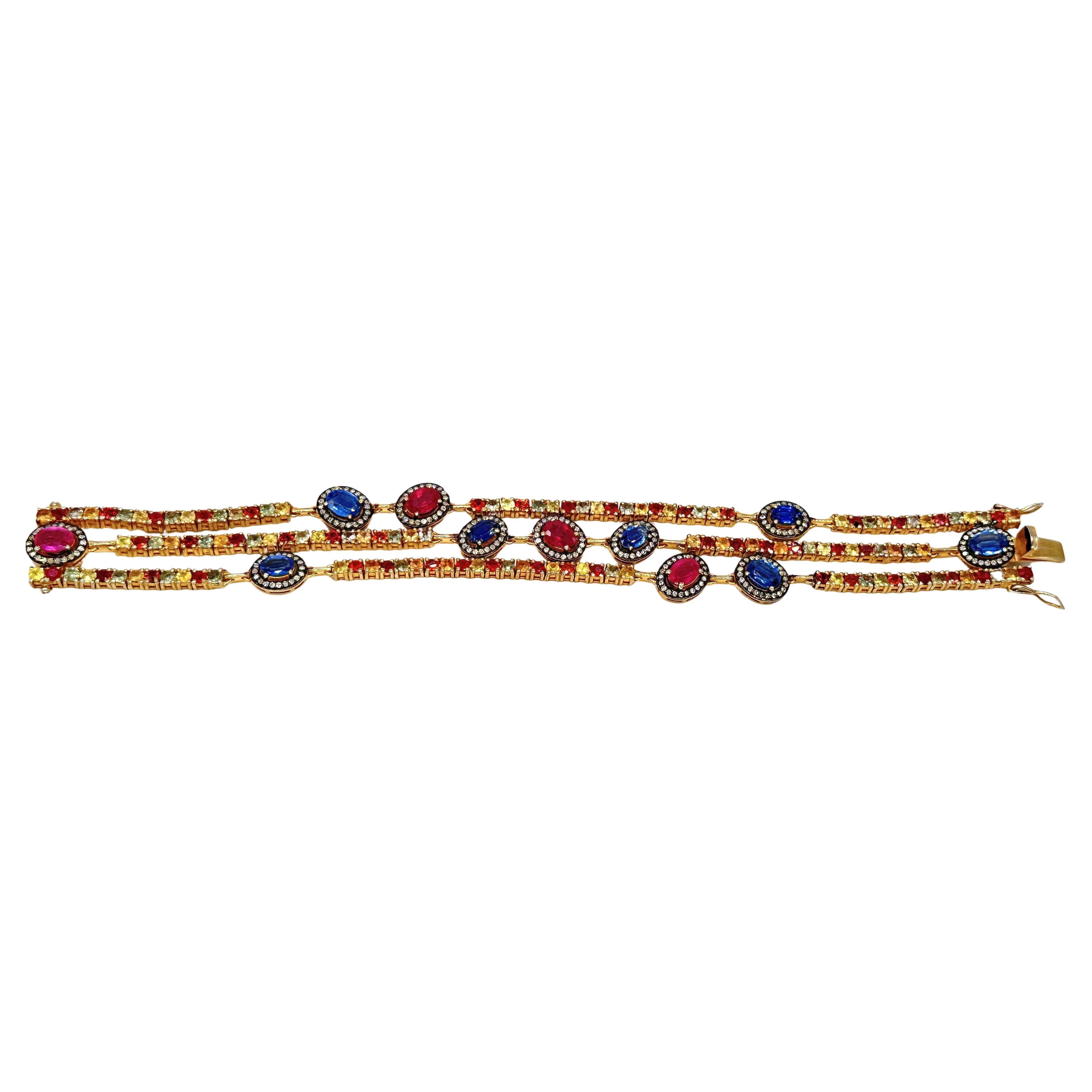 Women's or Men's Three-Line Gold Silver Bracelet with diamonds, Sapphires, Rubies, and Emeralds For Sale