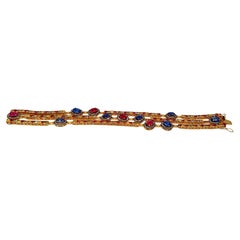 Three-Line Gold Silver Bracelet with diamonds, Sapphires, Rubies, and Emeralds