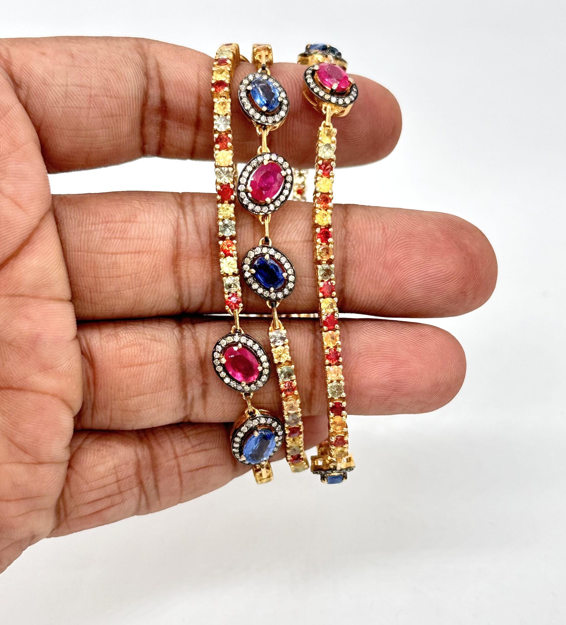 Three-Line Gold Silver Bracelet with diamonds, Sapphires, Rubies, and Emeralds For Sale 2
