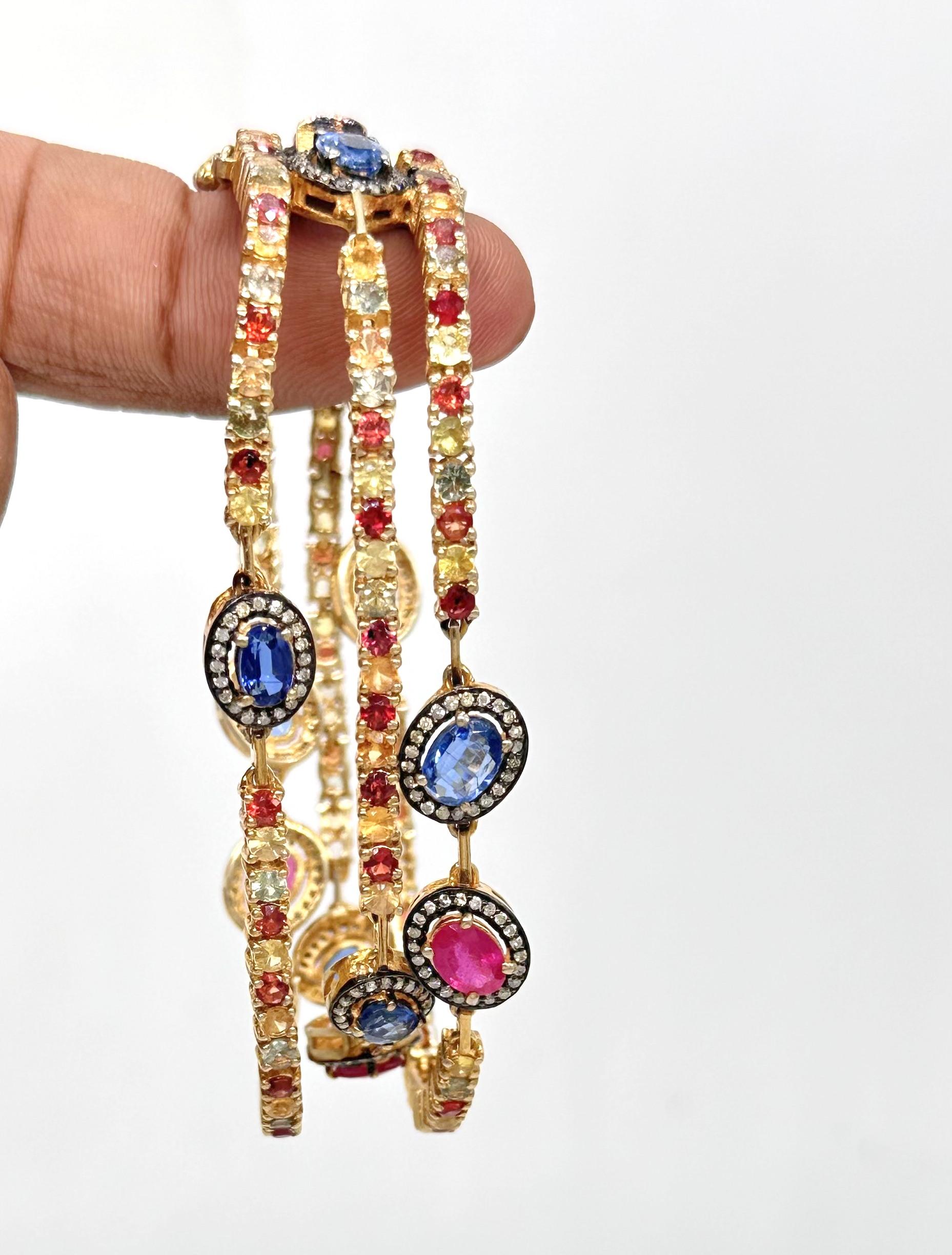 Three-Line Gold Silver Bracelet with diamonds, Sapphires, Rubies, and Emeralds For Sale 3