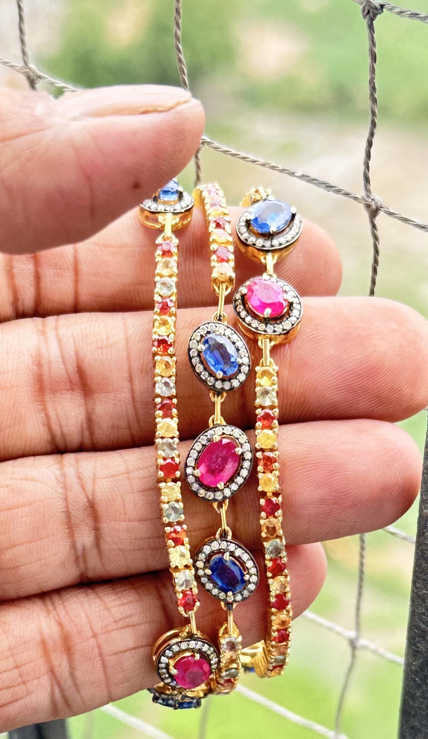 Three-Line Gold Silver Bracelet with diamonds, Sapphires, Rubies, and Emeralds For Sale 4