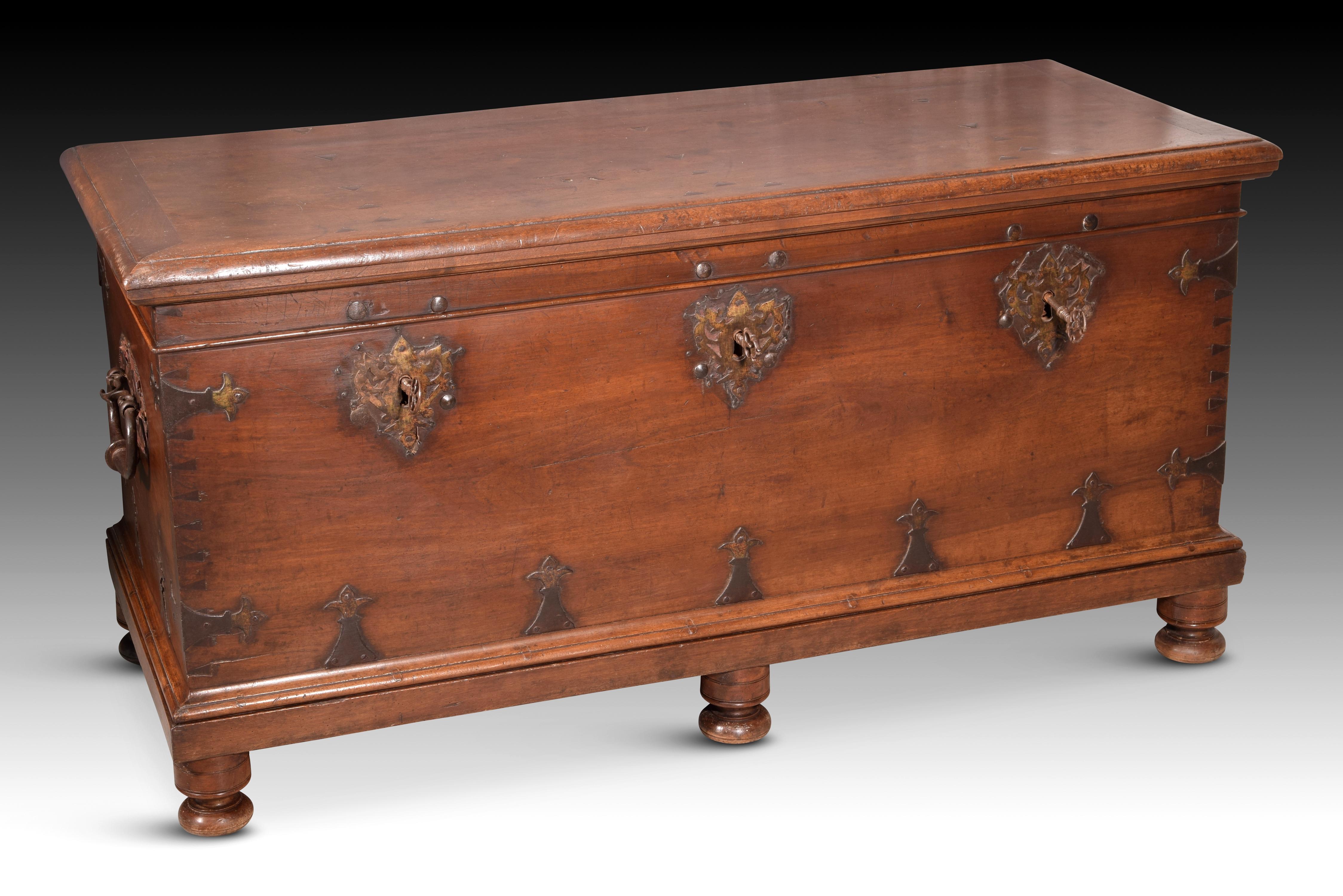 Town hall chest. Walnut wood. XVII century. 
Rectangular carved chest of walnut wood, with a flat lid, and simple decoration on its fronts with smooth moldings of different widths. It rises slightly from the ground thanks to six legs with a