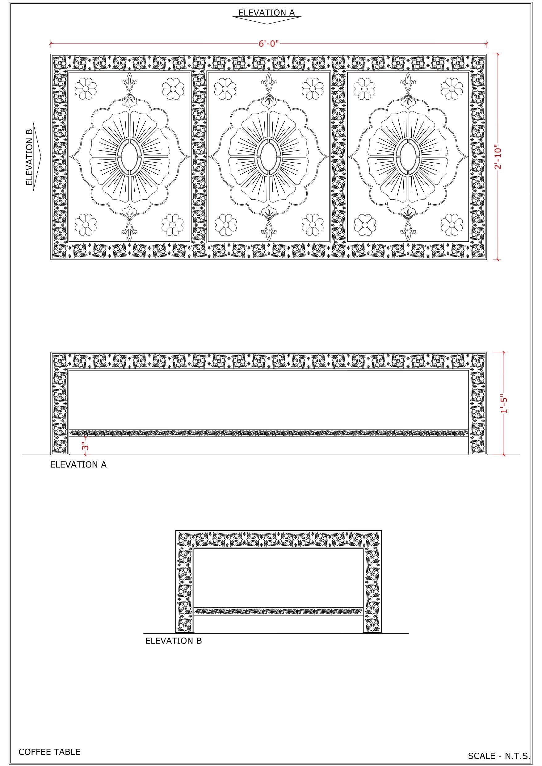 Dieser wunderschöne handgefertigte Tisch begann mit einer inspirierenden Skizze eines Rajasthani-Lotusmotivs. Wir haben das Motiv dreimal auf der Oberseite wiederholt. 
Die Lotosblumen werden auf der Oberseite geätzt, nachdem das Metall plattiert