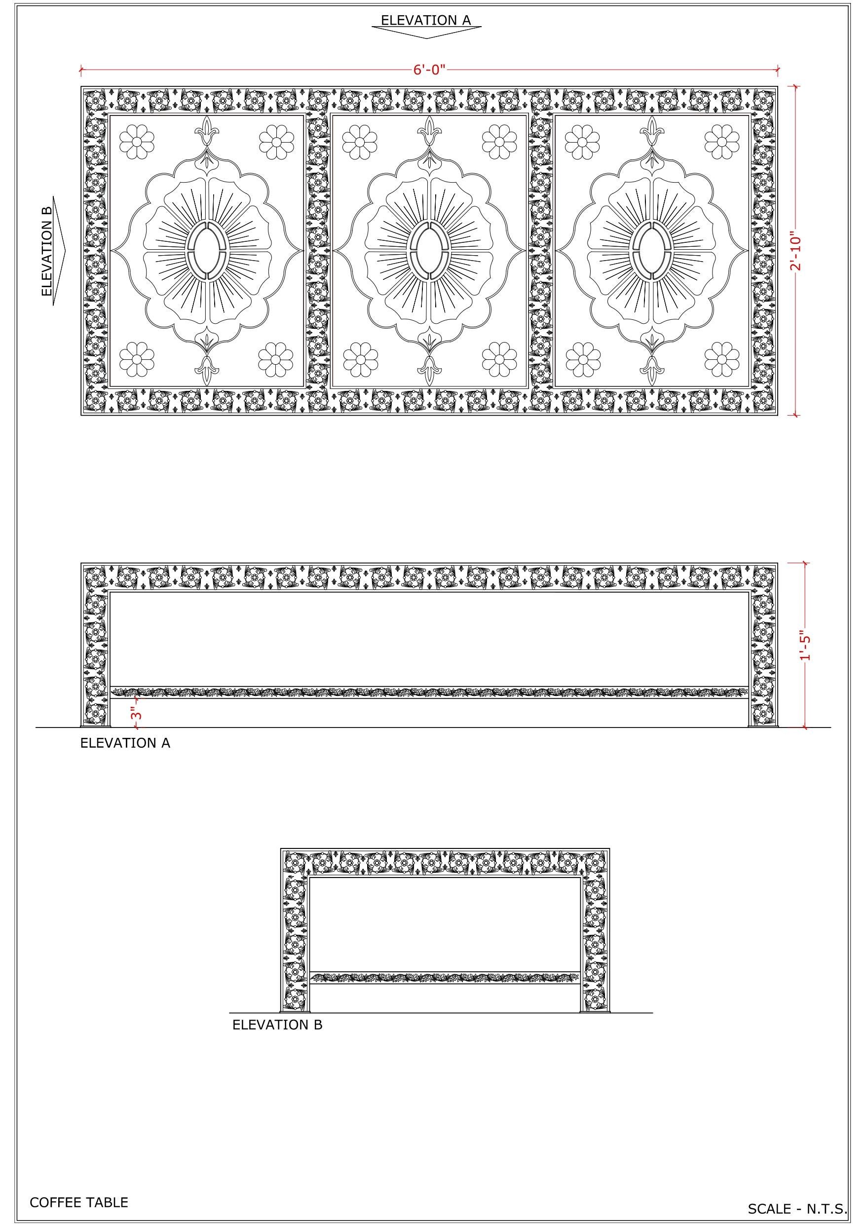 This beautiful handmade table started with an inspirational sketch of a Rajasthani lotus motif. We repeated the motif three times on the top. 
The lotuses are etched on the top after the metal is clad.
Stephanie Odegard selected the border called