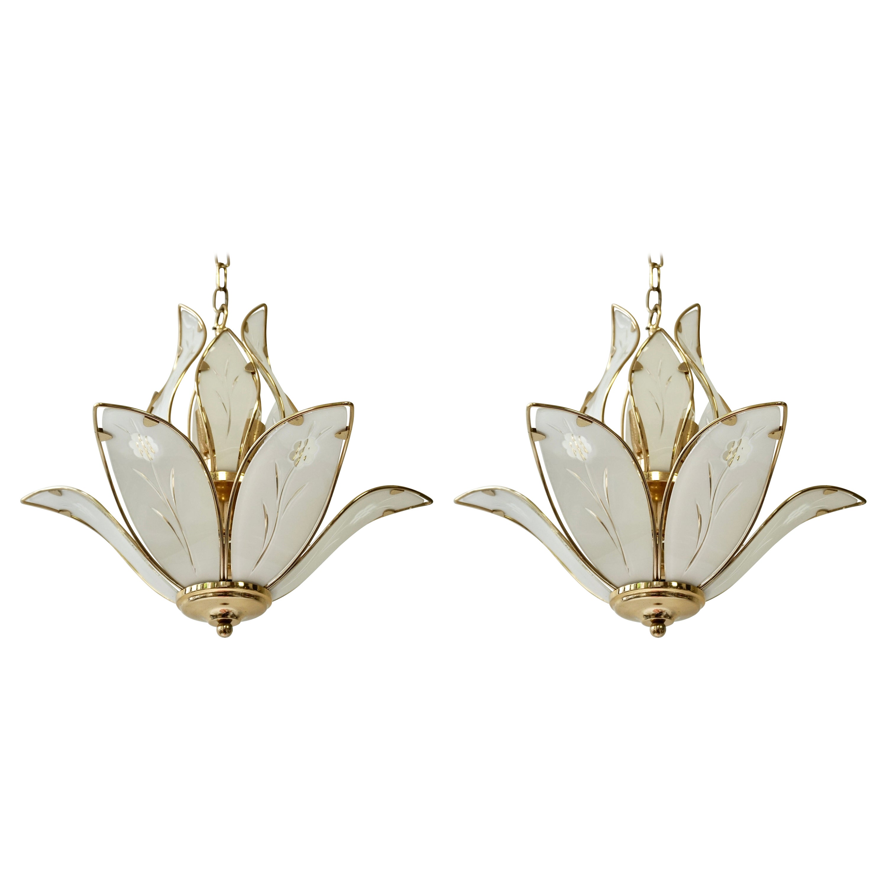 Three Lotus Flower and Brass Glass Chandeliers
