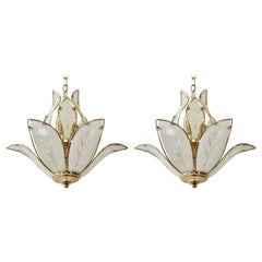 Three Lotus Flower and Brass Glass Chandeliers