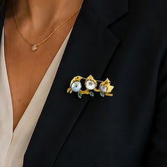 Three Love Birds with Baroque Pearls, Gold Brooch