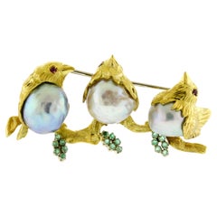 Three Love Birds with Baroque Pearls, Gold Brooch
