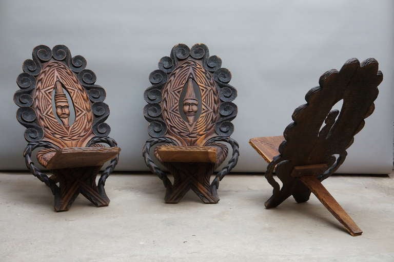 Tribal Three-Low Slung Hand Carved African Lounge Chairs from Congo For Sale