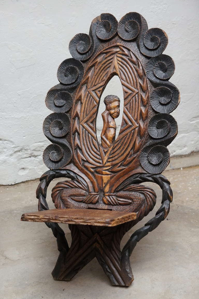 Three-Low Slung Hand Carved African Lounge Chairs from Congo In Good Condition For Sale In Antwerp, BE