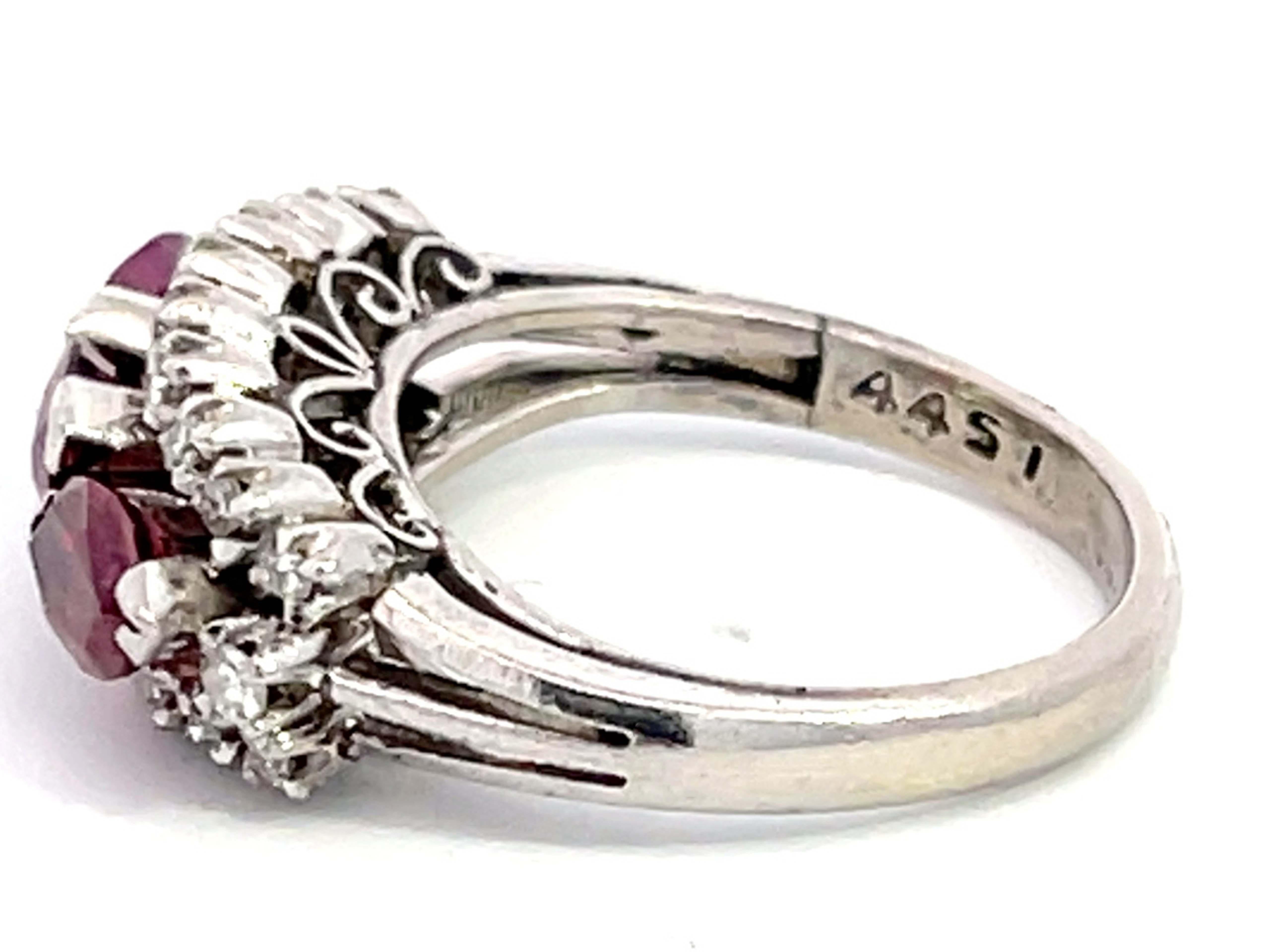 Marquise Cut Three Marquis Red Rubies and Diamond Halo Ring in 18k White Gold For Sale